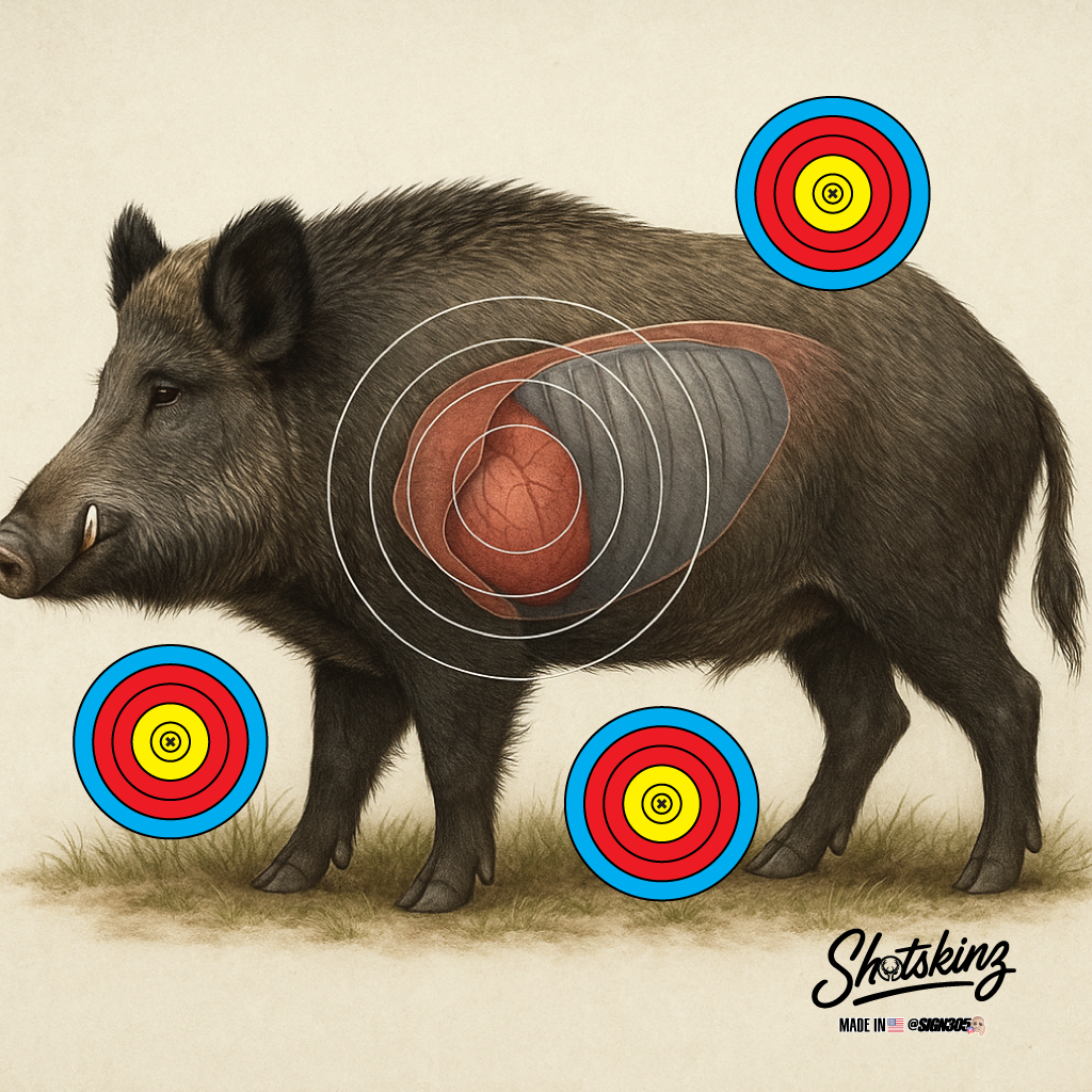Illustration of a boar with vitals and 3 spot circle targets