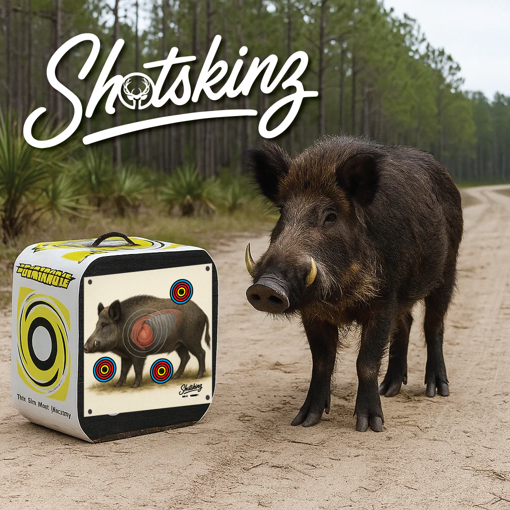 Wild boar standing next to a 'Shotskinz' product packaging with hunting design on a forest path.