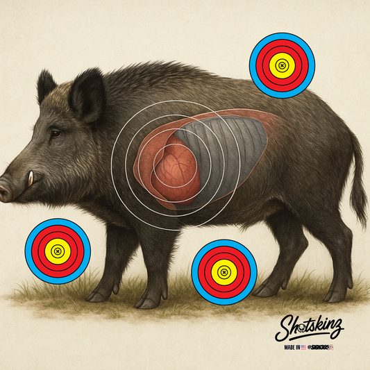 Illustration of a boar with vitals and 3 spot circle targets